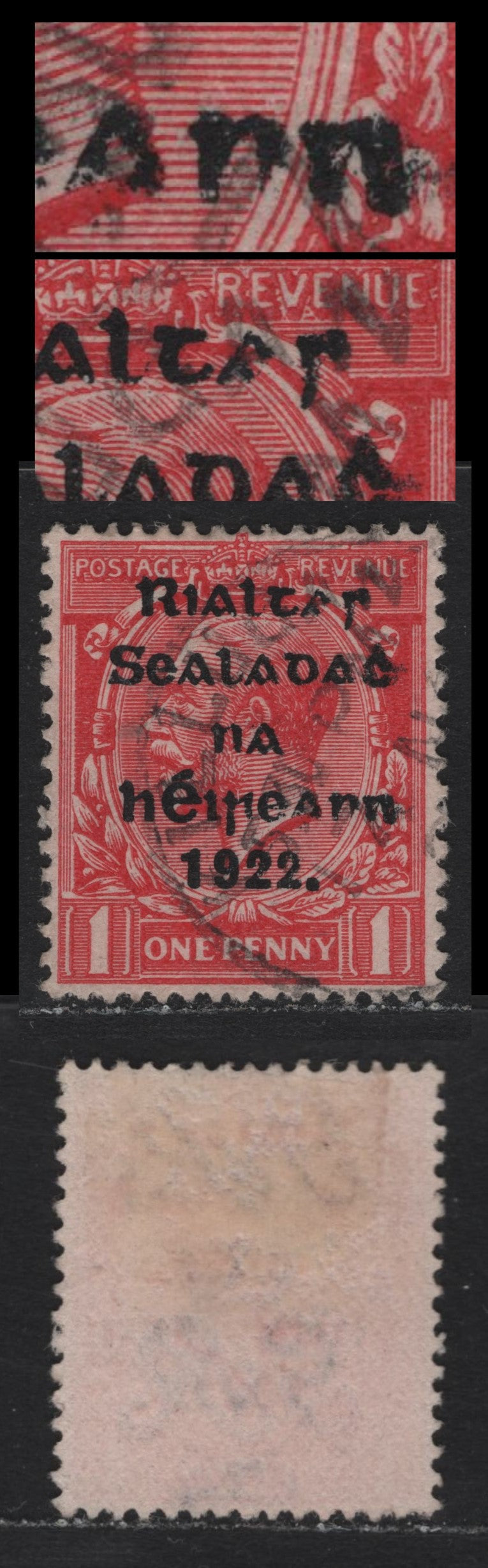 Lot 13 Ireland (C) SG#31var 1d Carmine Red , 1922 KGV Overprinted Profile Heads Issue, A Very Fine Used Single, 2nd Thom Printing, 14.5x16mm Shiny Blue-Black Overprint, Unlisted Deformed & Broken Letters, Unlisted In Gibbons.