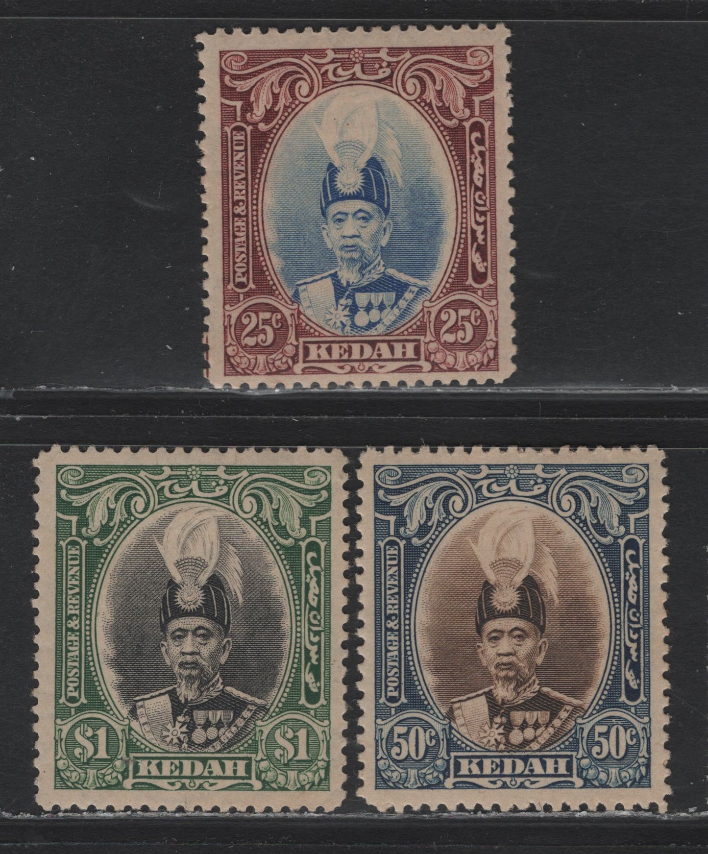 Lot 145 Malaya - Kedah (C) SG#62, 65-66 25c - $1 Ultramarine & Purple - Black & Green , 1937 Sultan Abdul Hamid Halimshah Issue, 3 F/VFOG Singles, Toned Gum