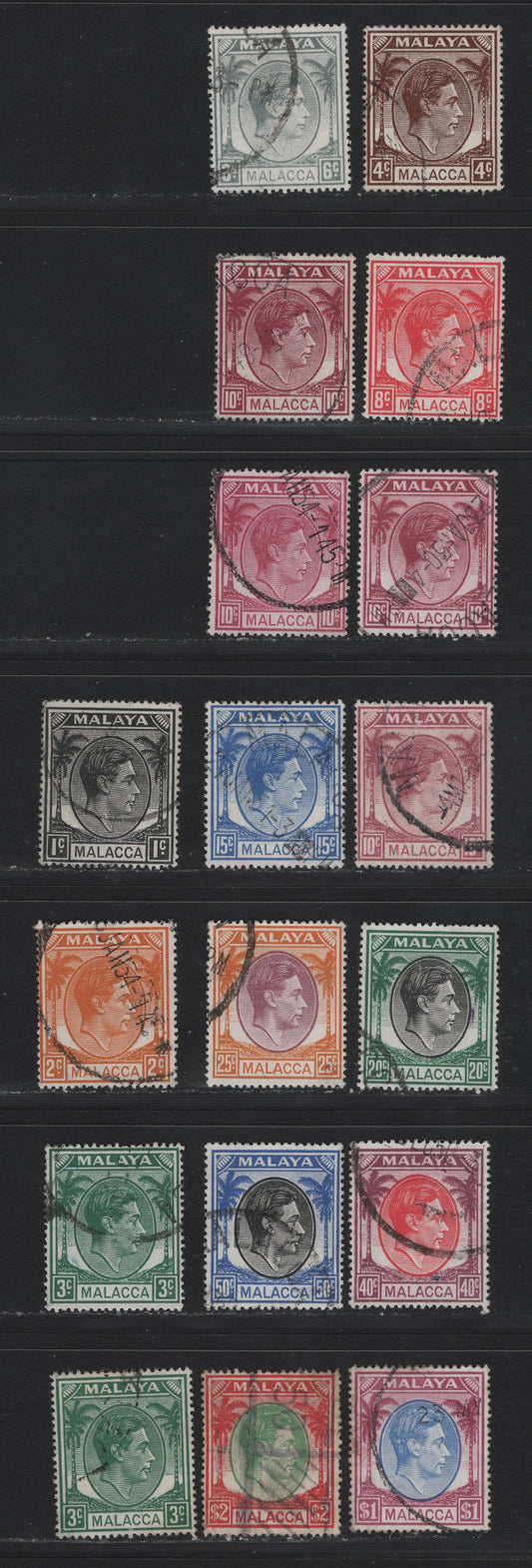 Lot 158 Malaya - Malacca (C) SG#3/16 1c -$2 Black - Green & Scarlet , 1949-1952 KGVI & Palm Tree Keyplates, 18 Fine/Very Fine Used Singles, Additional Shades Of 3c & 10c