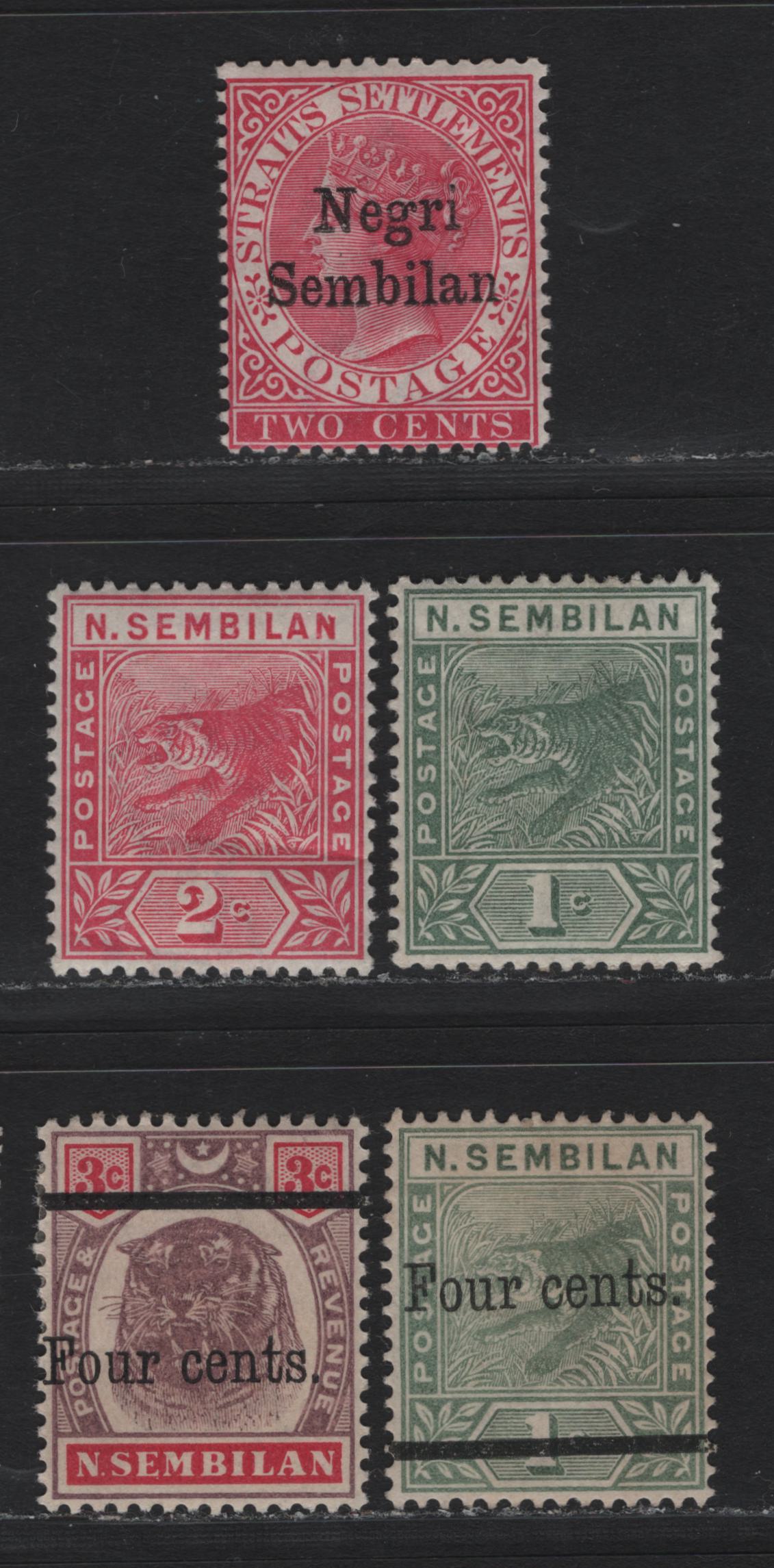 Lot 160 Malaya - Negri Sembilan (C) SG#1-3, 16-17 2c - 4c on 3c Bright Rose - Dull Purple & Carmine , 1891-1900 Overprinted Straits Settlements - Surcharged Issues, 5 F/VFOG & Unused Singles, 4c on 1c Has No Gum