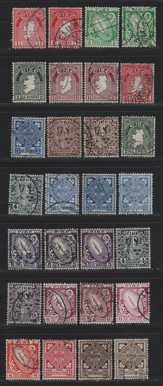 Lot 16 Ireland (C) SG#111/121b 1/2d - 11d Emerald - Rose , 1940-1968 Pictorial Keyplates, 28 Very Fine Used Singles, Multiple E Wmk, Different Printings & Shades, Includes Chalky & Ordinary Paper Printings Of 6d.
