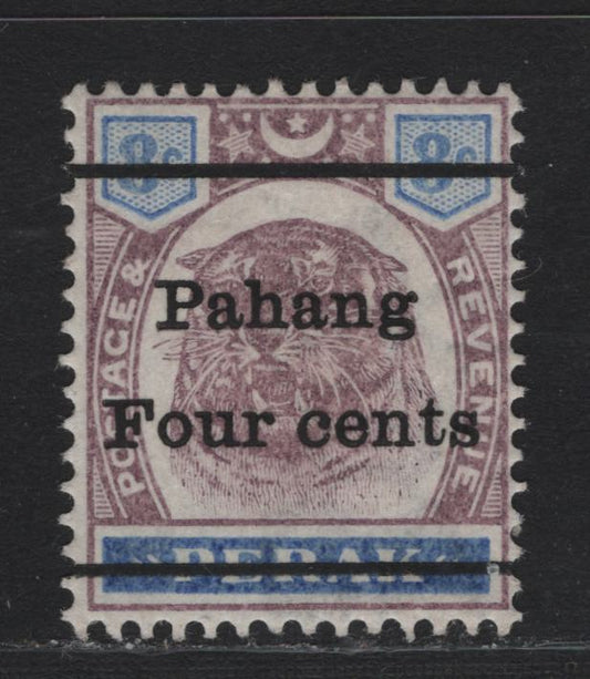 Lot 165 Malaya - Pahang (C) SG#25 4c on 8c Dull Purple & Ultramarine , 1899 Surcharged Tiger Keyplate, A VFOG Single
