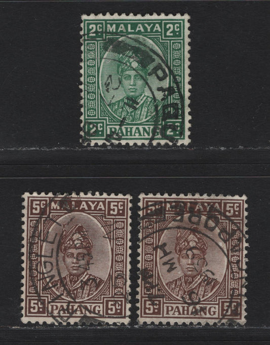 Lot 171 Malaya - Pahang (C) SG#30, 33 2c - 5c Green - Brown , 1935-1941 Sultan Sir Abu Baker Keyplates, 3 Fine/Very Fine Used Singles, Cancellations, Including Singapore, Paquebot & Ringlet