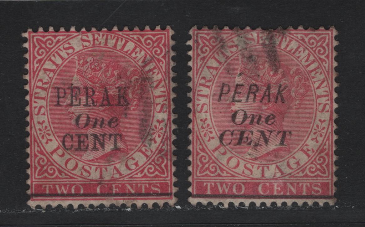 Lot 179 Malaya - Perak (C) SG#57-58 1c on 2c Bright Rose - Rose , 1891 Surcharged Straights Settlements Queen Victoria Issue, 2 Fine Used Single