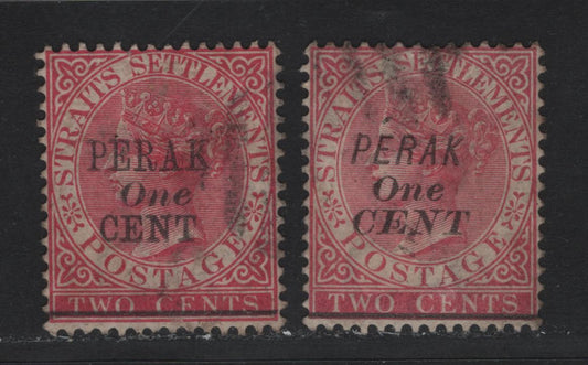 Lot 179 Malaya - Perak (C) SG#57-58 1c on 2c Bright Rose - Rose , 1891 Surcharged Straights Settlements Queen Victoria Issue, 2 Fine Used Single