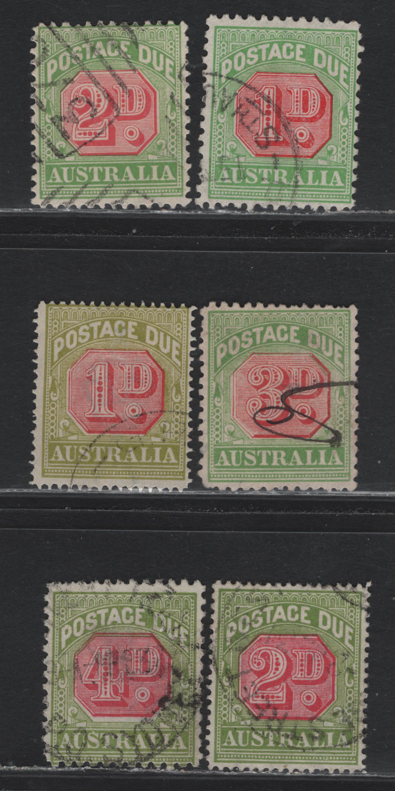 Lot 18 Australia (C) SG#D65a/D98 2d-4d Rosine & Yellow Green - 4d Carmine & Yellow Green Framed Numeral, 1909-1930 Postage Due Issue, 6 Fine & VF Used Singles Wmk Crown & Double Lined A, Perf  12 x 12.5, 11 And Crown Over A, Perf. 14 & 11
