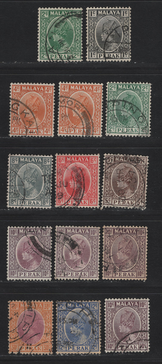 Lot 182 Malaya - Perak (C) SG#88-95, 97 1c - 30c Black - Dull Purple & Orange , 1935-1937 Sultan Iskandar Keyplates, 14 Very Fine Used Singles, Includes Additional Shades