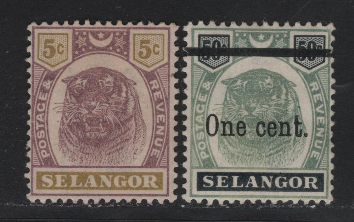 Lot 189 Malaya - Selangor (C) SG#55, 66b 5c - 1c on 50c Dull Purple & Olive Yellow - Green & Black , 1895-1900 Tiger Keyplates - Surcharged Issues, 2 VFOG & Unused Singles, 5c Has No Gum