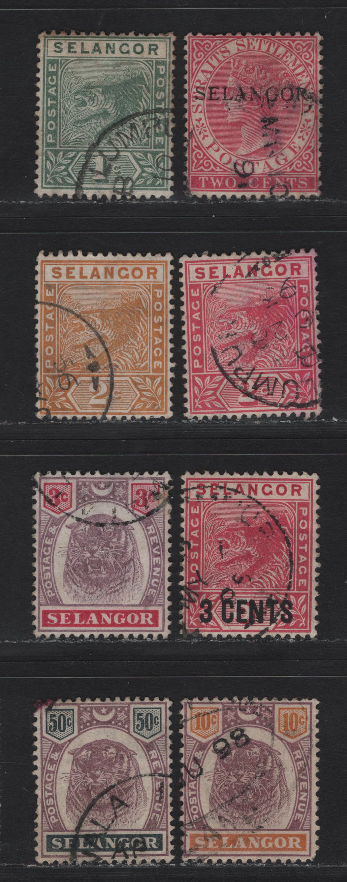 Lot 192 Malaya - Selangor (C) SG#36a, 49-51, 53-54, 57, 59 2c - 50c Bright Rose - Dull Purple & Greenish Black , 1885-1899 Overprinted Straits Settlements - Tiger Keyplate Issues, 8 Very Fine Used Singles