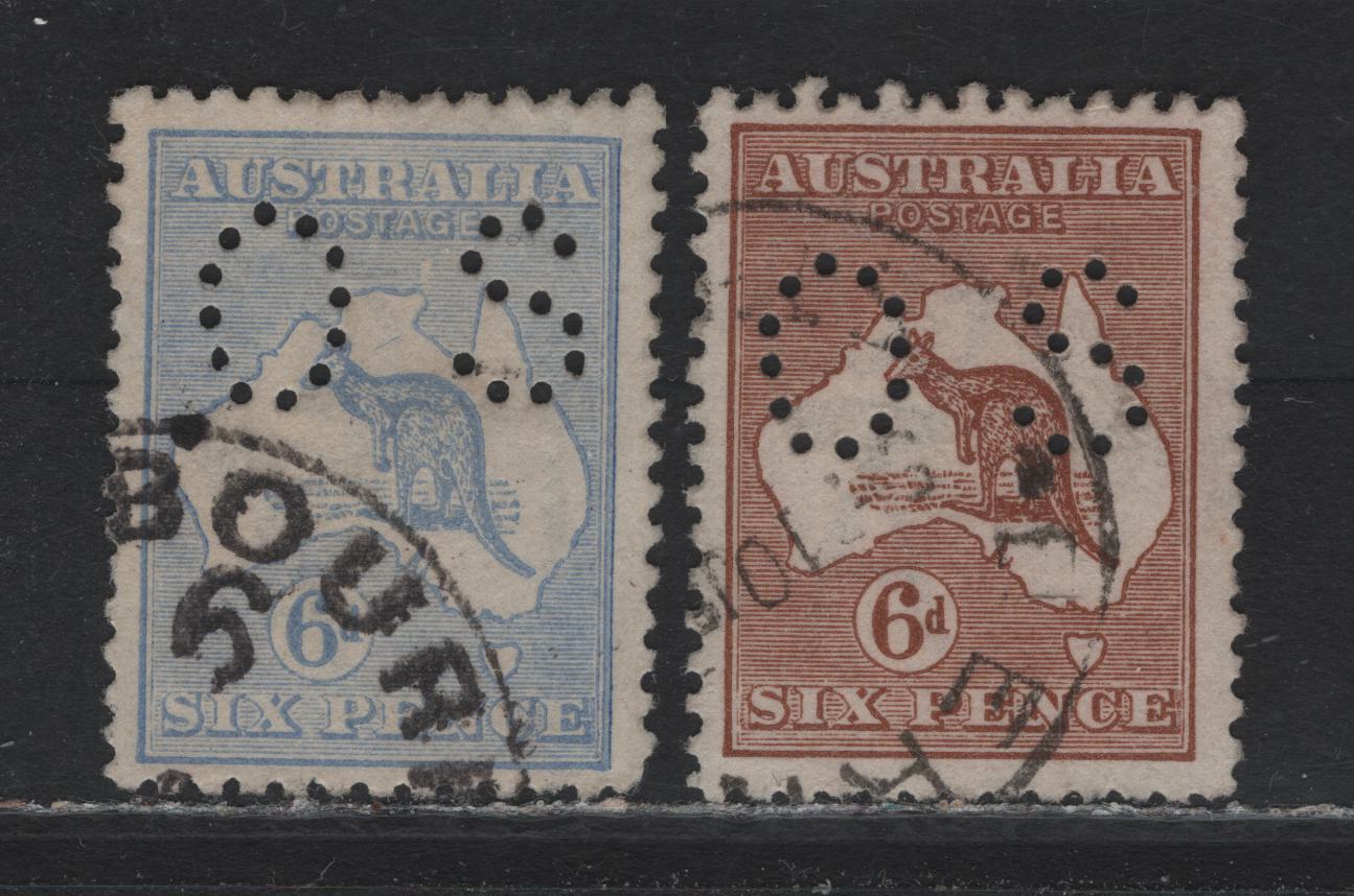 Lot 20 Australia (C) SG#O46a, O76 6d Ultramarine & Chestnut Kagaroo & Map, 1915-1928 Kangaroo & Map Issue , 2 Fine & VF Used Singles Wmk Narrow Crown Over A, Perf. Small OS, The Rare Die IIA & The Common Die IIB