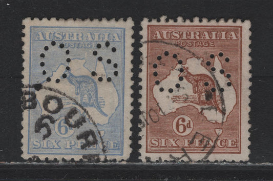 Lot 20 Australia (C) SG#O46a, O76 6d Ultramarine & Chestnut Kagaroo & Map, 1915-1928 Kangaroo & Map Issue , 2 Fine & VF Used Singles Wmk Narrow Crown Over A, Perf. Small OS, The Rare Die IIA & The Common Die IIB