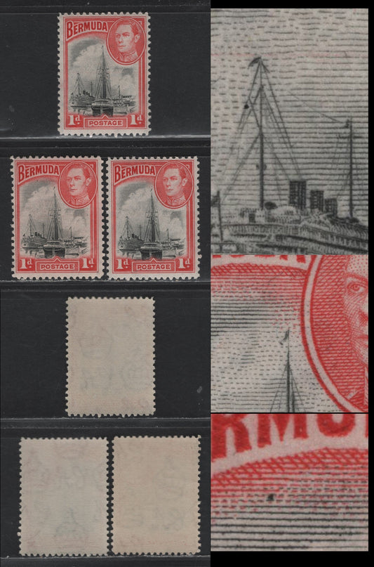 Lot 205 Bermuda SG#110 1d Black & Rosy Vermillion , 1936-1952 KGVI Pictorial Issue, 3 F/VFNH Singles, 1946 or 1989 Line Perf Printing, Opaque Paper With Barely Visible Wmk, Smooth Gum, Each Showing Small/Possibly Constant Varieties.