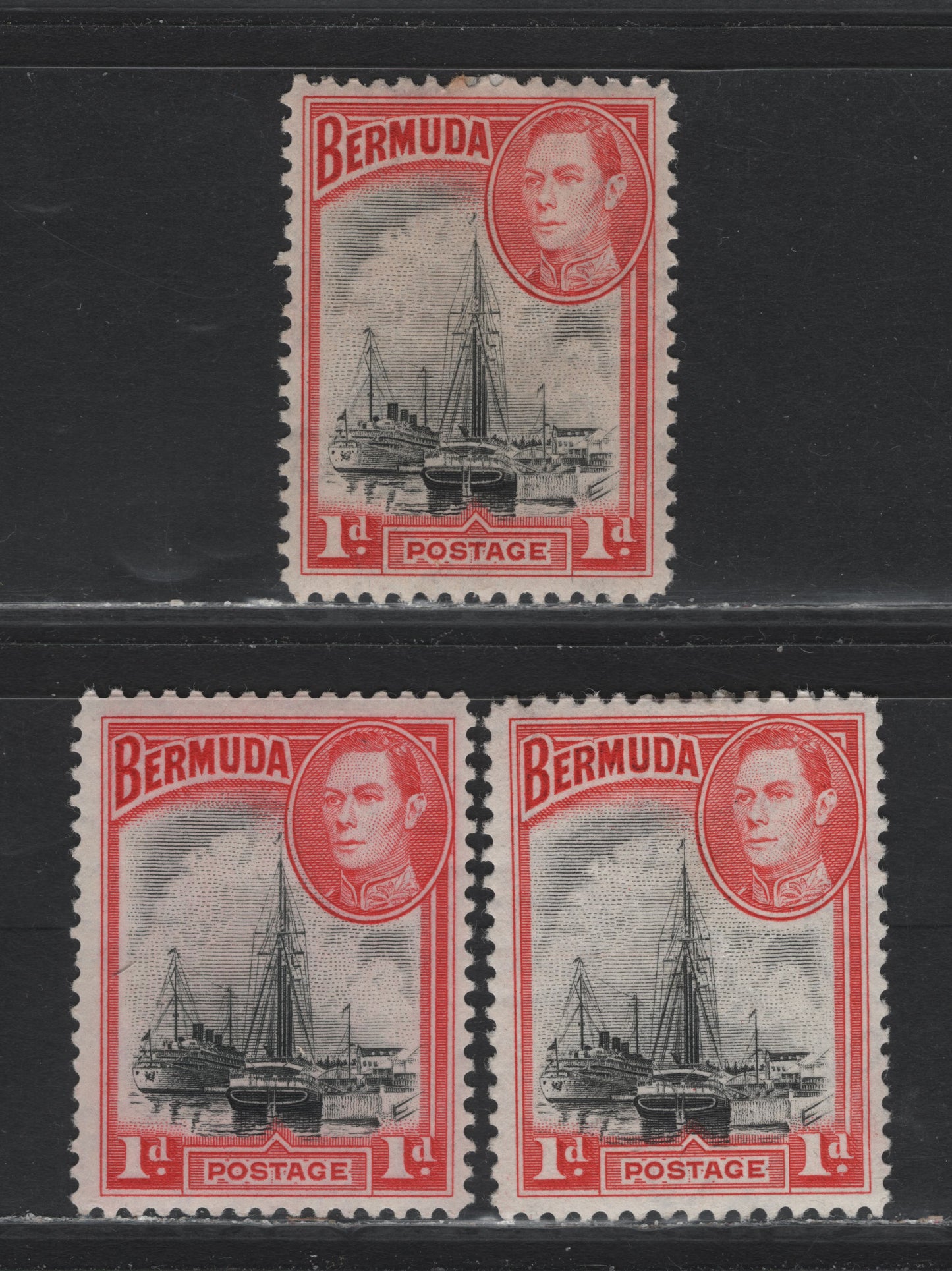 Lot 208 Bermuda SG#110 1d Black & Scarlet - Black & Vermillion , 1936-1952 KGVI Pictorial Issue, 3 VFOG Singles, 1938-39 Printings, Thick Opaque Paper With Barely Visible Wmk, Line Perf & Cream Gum Having A Random Crack Pattern.