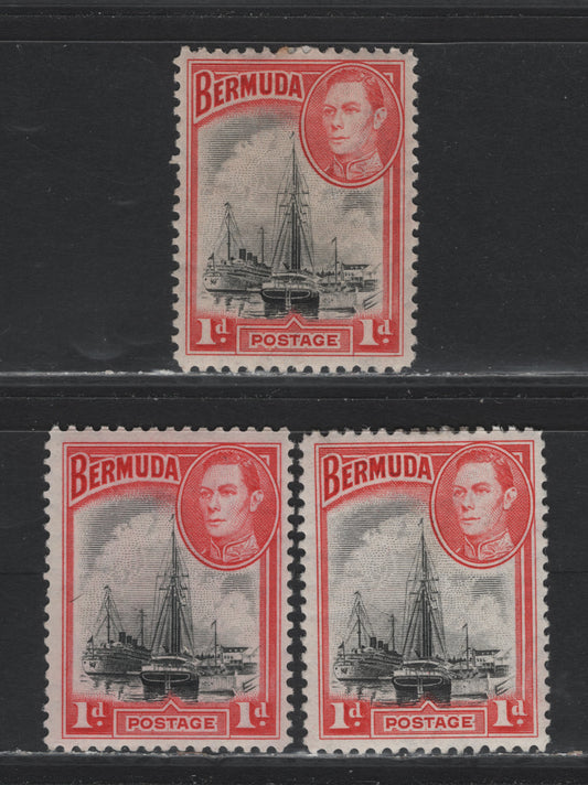 Lot 208 Bermuda SG#110 1d Black & Scarlet - Black & Vermillion , 1936-1952 KGVI Pictorial Issue, 3 VFOG Singles, 1938-39 Printings, Thick Opaque Paper With Barely Visible Wmk, Line Perf & Cream Gum Having A Random Crack Pattern.