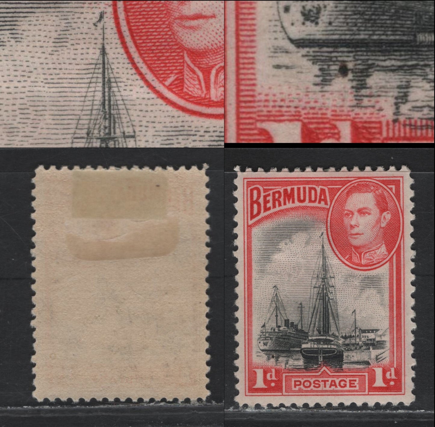 Lot 209 Bermuda (C) SG#110var 1d Black & Bright Scarlet , 1936-1952 KGVI Pictorial Issue, A VFOG Single, 1938 Printing, Line Perf, Opaque Paper With Barely Visible Wmk, Cream Gum With Random Crazing Pattern, Showing Possibly Constant Variety.