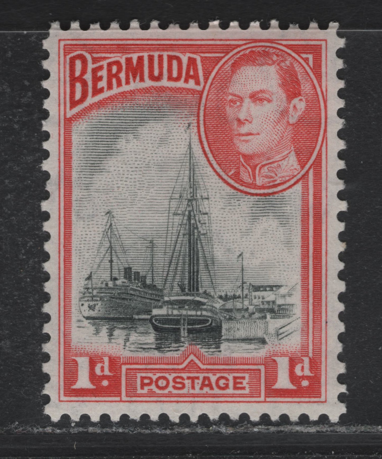 Lot 210 Bermuda SG#110var 1d Gray Black & Deep Red , 1936-1952 KGVI Pictorial Issue, A VFNH Single, October 1950 Printing, Comb Perforated Instead Of Line Perf, Translucent Paper With Clearly Visibler Wmk & Smooth Appearing Gum.
