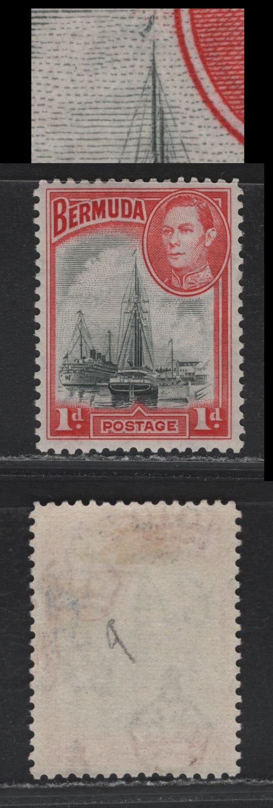 Lot 199 Bermuda SG#110var 1d Gray Black & Deep Red , 1936-1952 KGVI Pictorial Issue, A VFOG Single, 1950 Comb Perf Printing On translucent Paper With Transparent Wmk & Smooth Gum, Very Fine Diagonal Cracks, Showing Constant Variety