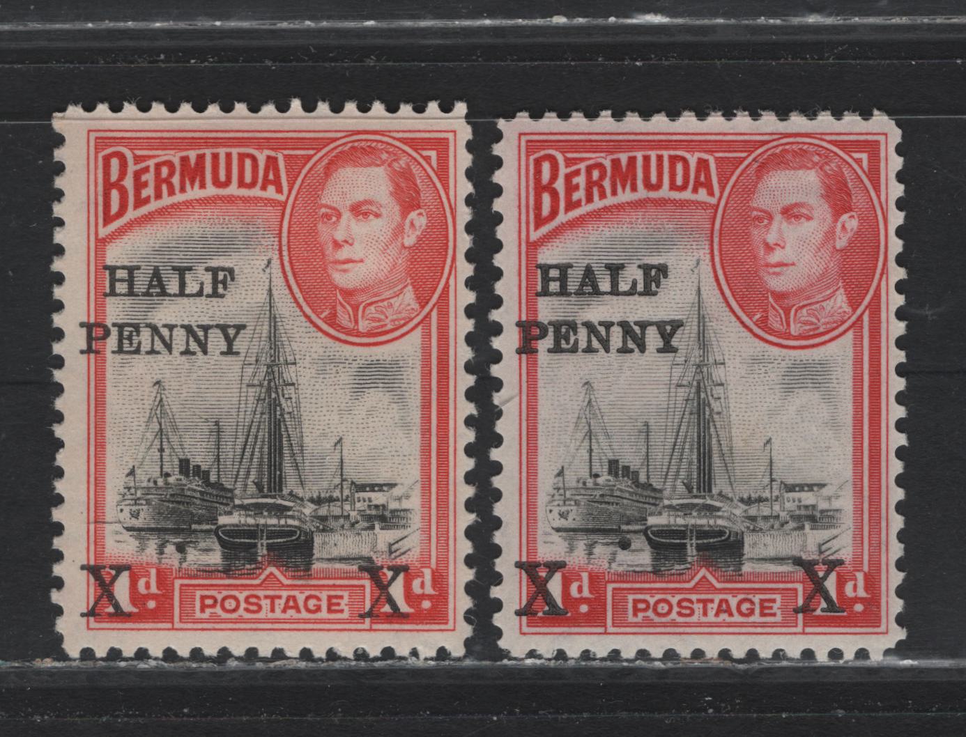 Lot 216 Bermuda (C) SG#122 1/2d on 1d Black & Rosy Vermillion - Black & Deep Scarlet , 1936-1952 KGVI Pictorial Issue, 2 F/VFOG Singles, 1940 Printings, Crackly Gum & Opaque Paper With Barely Visible Wmk, 12.5mm Between Penny & X's.
