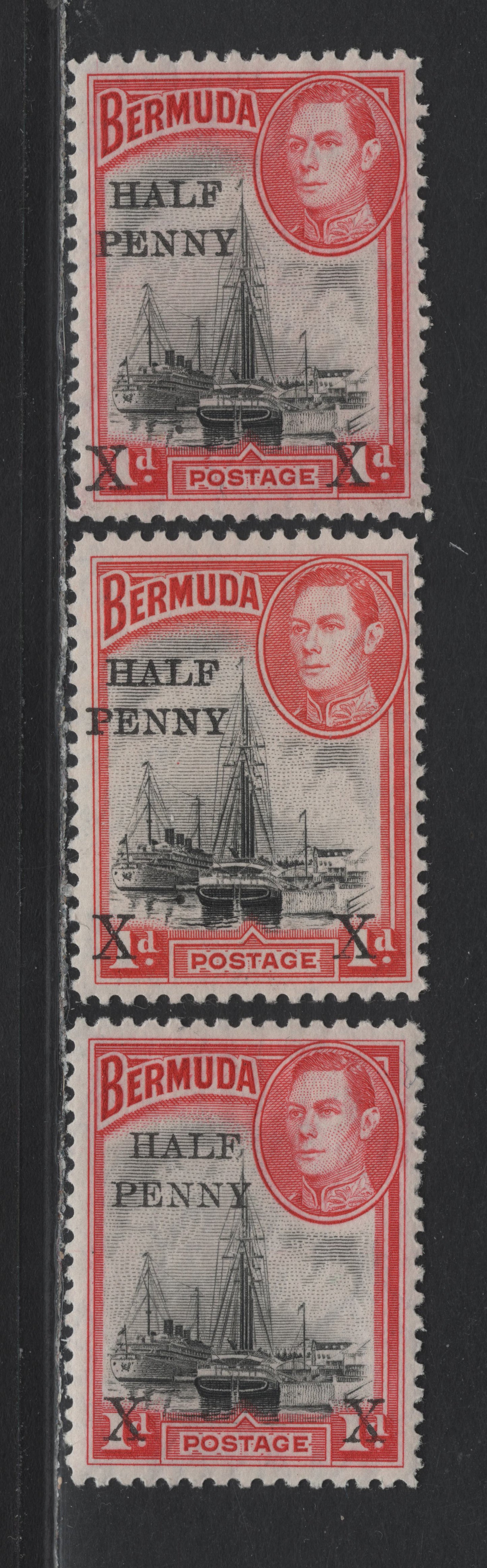 Lot 217 Bermuda (C)SG#122 1/2d on 1d Black & Rosy Vermillion - Black & Deep Scarlet , 1936-1952 KGVI Pictorial Issue, 3 VFOG Singles, 1940 Printings With Crackly Gum, Showing 13.5mm Space Between Peeny & X's, One With Thick & Thin Lettering In Overprint.