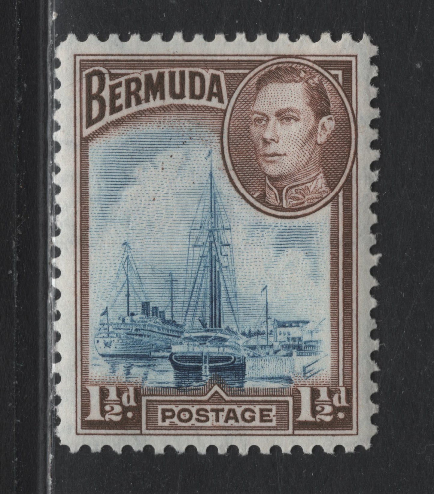 Lot 218 Bermuda SG#111a 1.5d Dull Blue & Deep Violet Brown , 1936-1952 KGVI Pictorial Issue, A VFNH Single, 1943 Printing, Line Perf On Opaque Paper With Barely Visible Wmk, Smooth Appearing Gum With Fine Diagonal Cracks.