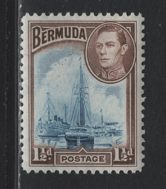 Lot 200 Bermuda SG#111a 1.5d Dull Blue & Deep Violet Brown , 1936-1952 KGVI Pictorial Issue, A VFNH Single, 1943 Printing, Line Perf On Opaque Paper With Barely Visible Wmk, Smooth Appearing Gum With Fine Diagonal Cracks.