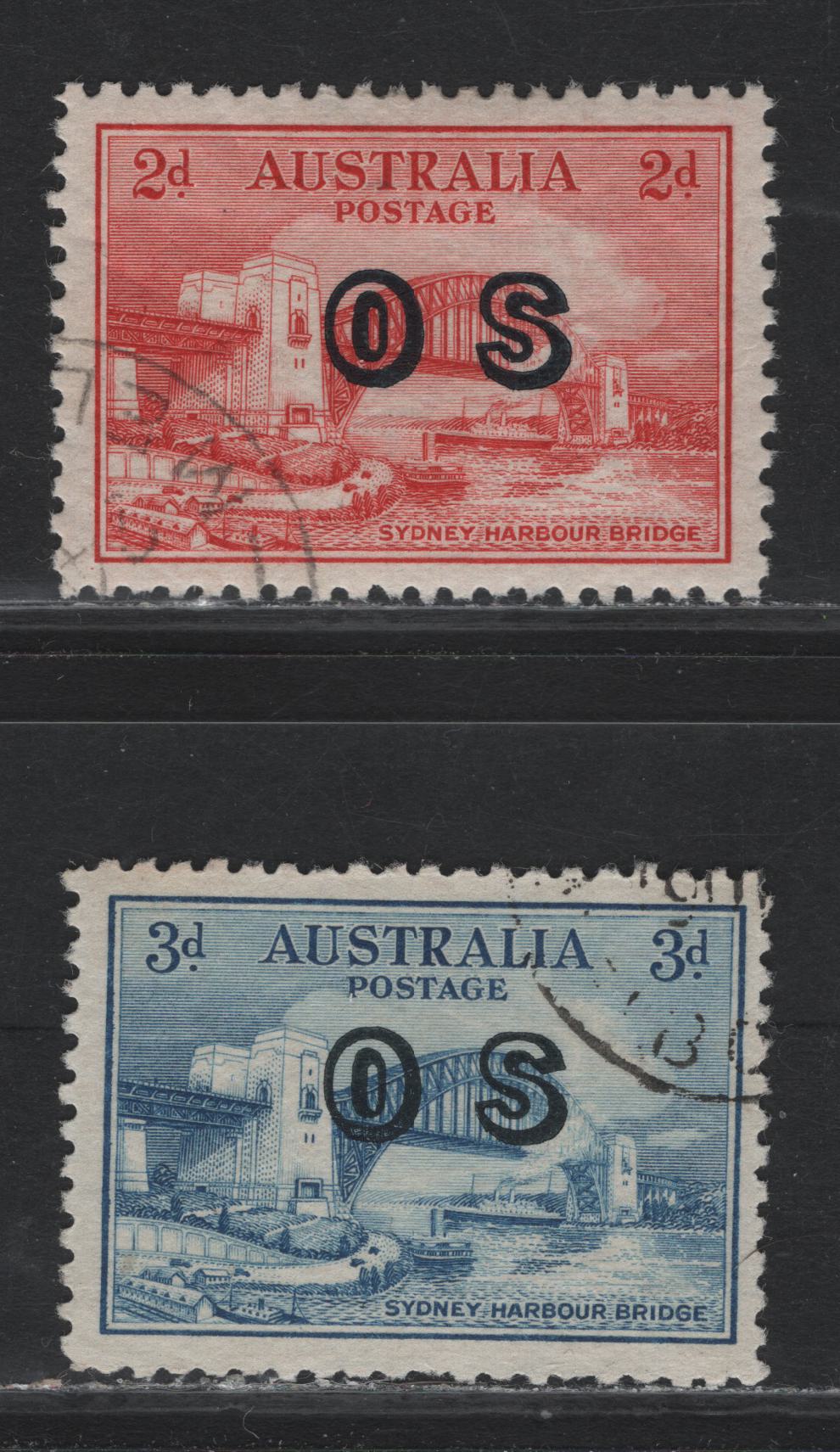 Lot 22 Australia (C) SG#O134-O135 2d-3d Scarlet & Blue Sydney Harbour Bridge, 1932 Sydney Harbour Bridge Issue, 2 Fine & VF Used Singles Overprinted OS, 2d Is a CTO Without Gum