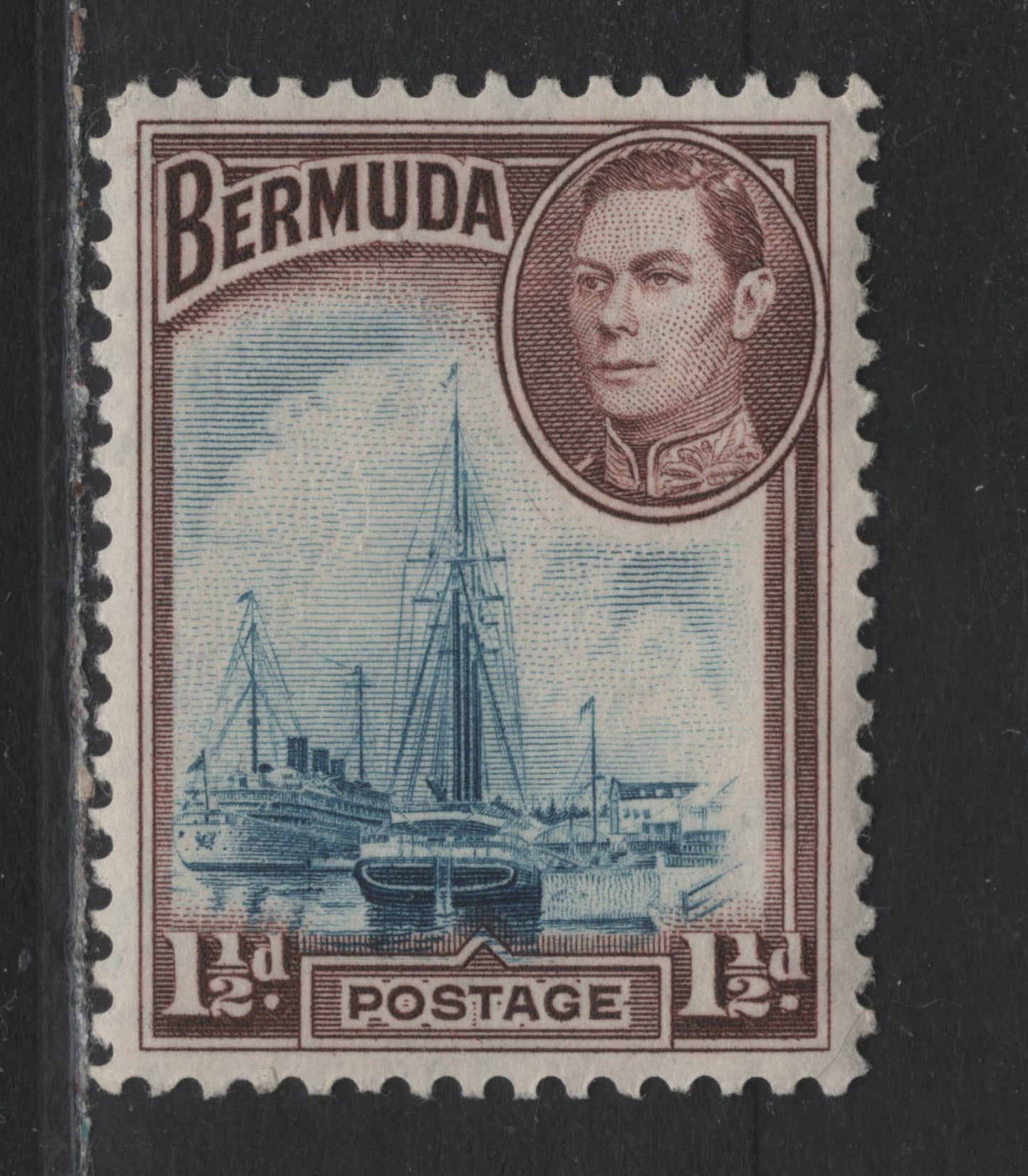 Lot 223 Bermuda SG#111 1.5d Prussian Blue & Deep Bright Brown Purple , 1936-1952 KGVI Pictorial Issue, A VFNH Single, 1941-1942 Printings, Line Perf, Opaque Paper With Barely Visible Wmk & Crackly Cream Gum