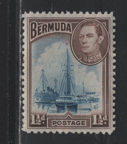 Lot 205 Bermuda SG#111a 1.5d Blue & Violet Brown , 1936-1952 KGVI Pictorial Issue, A VFNH Single, 1943 Printing, Line Perf, Opaque Paper With Barely Visible Wmk, Smooth Gum That Has A Light Cream Color & Diagonal Crazing Pattern.