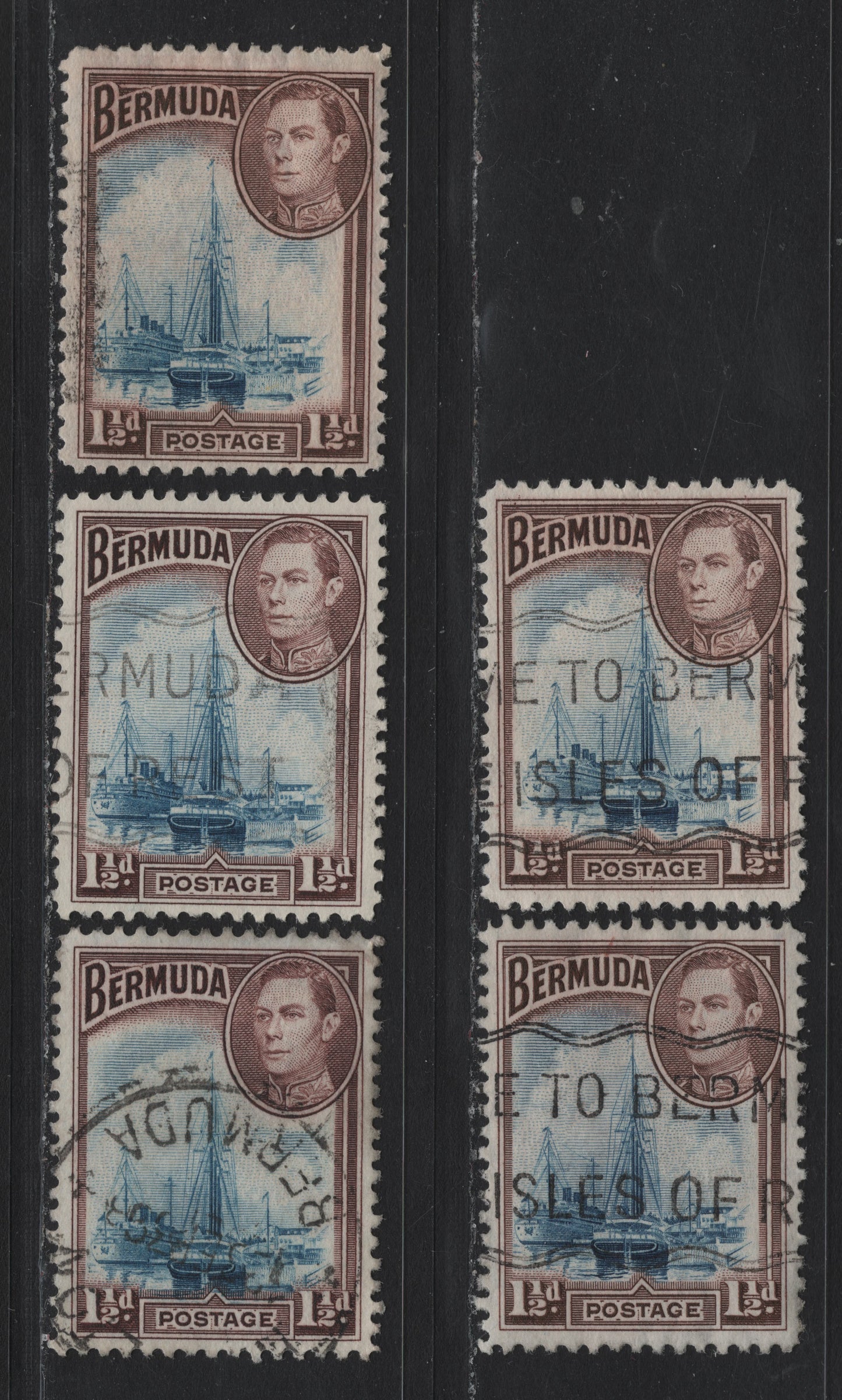 Lot 228 Bermuda SG#111, 111a 1.5d Deep Blue & Purple Brown - Blue & Brown Purple , 1936-1952 KGVI Pictorial Issue, 5 Fine/Very Fine Used Singles, 1938 & 1950 Printings (111) & 1938 & 1940-42 Printings (111a), Different Papers