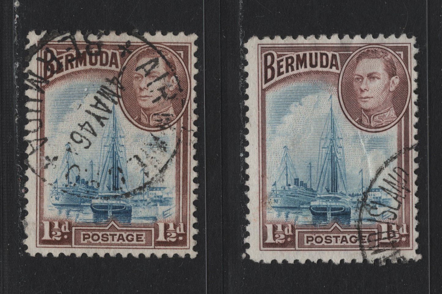 Lot 229 Bermuda SG#111a 1.5d Blue & Purple Brown - Blue & Brown Purple , 1936-1952 KGVI Pictorial Issue, 2 Fine Used Singles, 1943 & 1945 Printings, Opaque Paper With Clear Wmk & Coarse Mesh