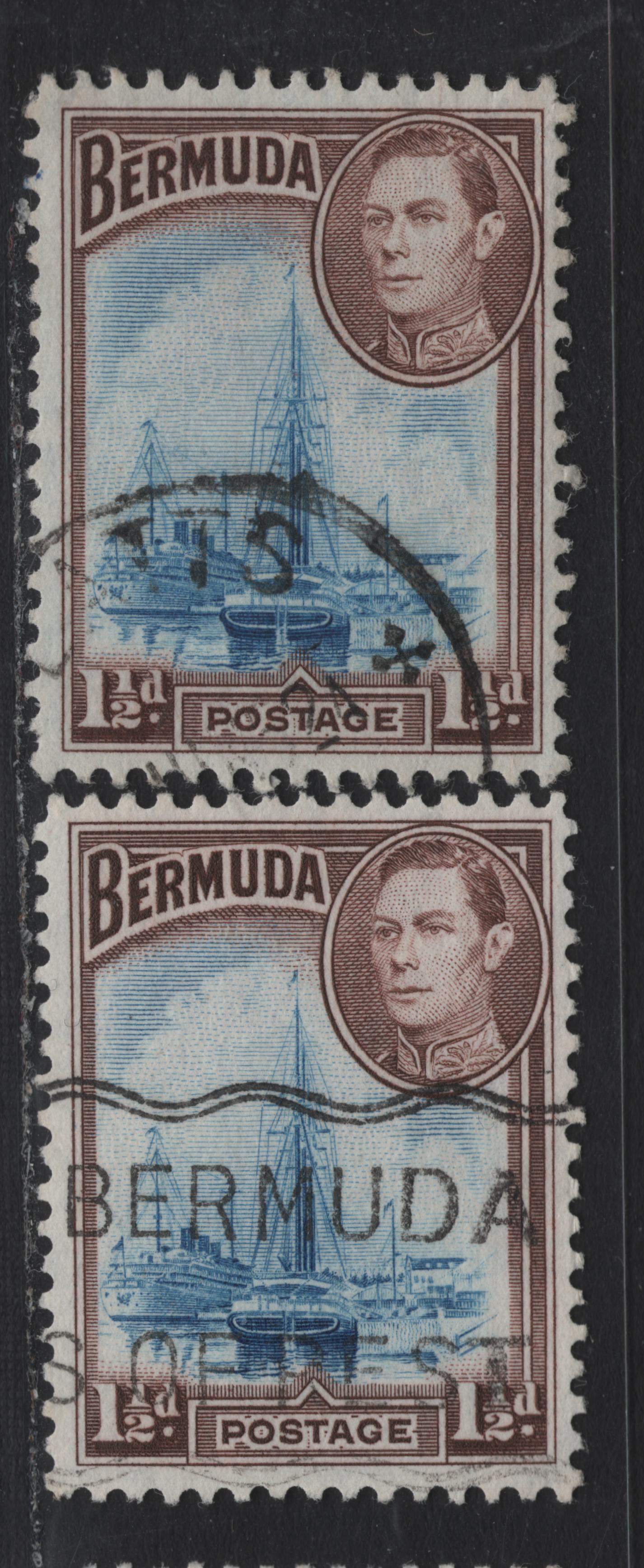Lot 230 Bermuda (C)SG#111, 111b 1.5d Light Blue & Purple brown - Blue & Deep Purple Brown , 1936-1952 KGVI Pictorial Issue, 2 Fine/Very Fine Used Singles, October 1950 & 52 Comb Perf Printings, Translucent Paper With Clear Wmk/Cross Hatched Mesh