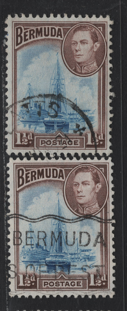 Lot 206 Bermuda (C)SG#111, 111b 1.5d Light Blue & Purple brown - Blue & Deep Purple Brown , 1936-1952 KGVI Pictorial Issue, 2 Fine/Very Fine Used Singles, October 1950 & 52 Comb Perf Printings, Translucent Paper With Clear Wmk/Cross Hatched Mesh
