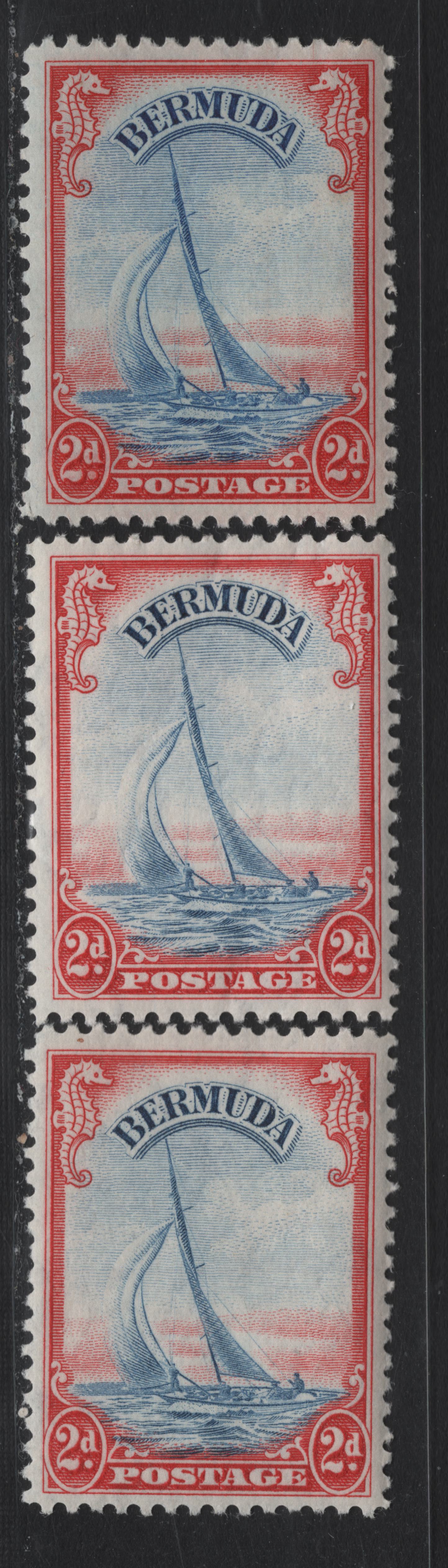 Lot 231 Bermuda SG#112a 2d Scarlet & Ultramarine - Bright Scarlet & Blue , 1936-1952 KGVI Pictorial Issue, 3 VFNH Singles, 1940-1942 Printings, Opaque Paper With Barely Visible Wmk & Crackly Gum, Clear Diagonal Cracks, Line Perfs.