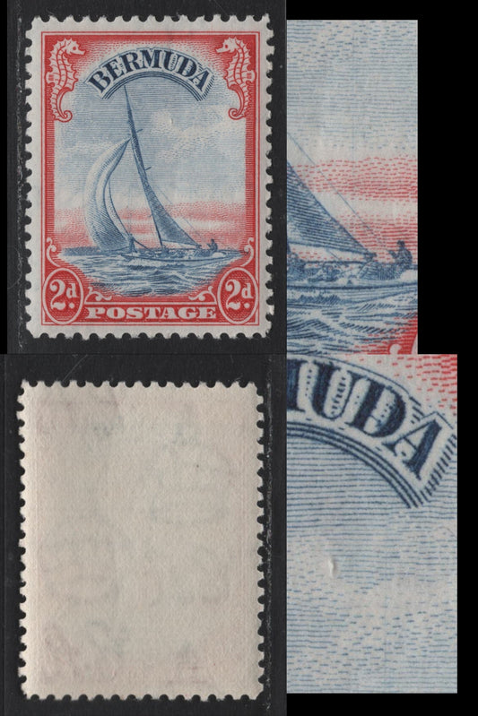 Lot 208 Bermuda SG#112avar 2d Scarlet & Ultramarine , 1936-1952 KGVI Pictorial Issue, A VFNH Single, 1946-48 Printing On Translucent Paper, Barely Visible Wmk & Smooth Appearing Gum, Fine Diagonal Cracks & Line Perf, Fine Vert. Hairline In Ultramarine.