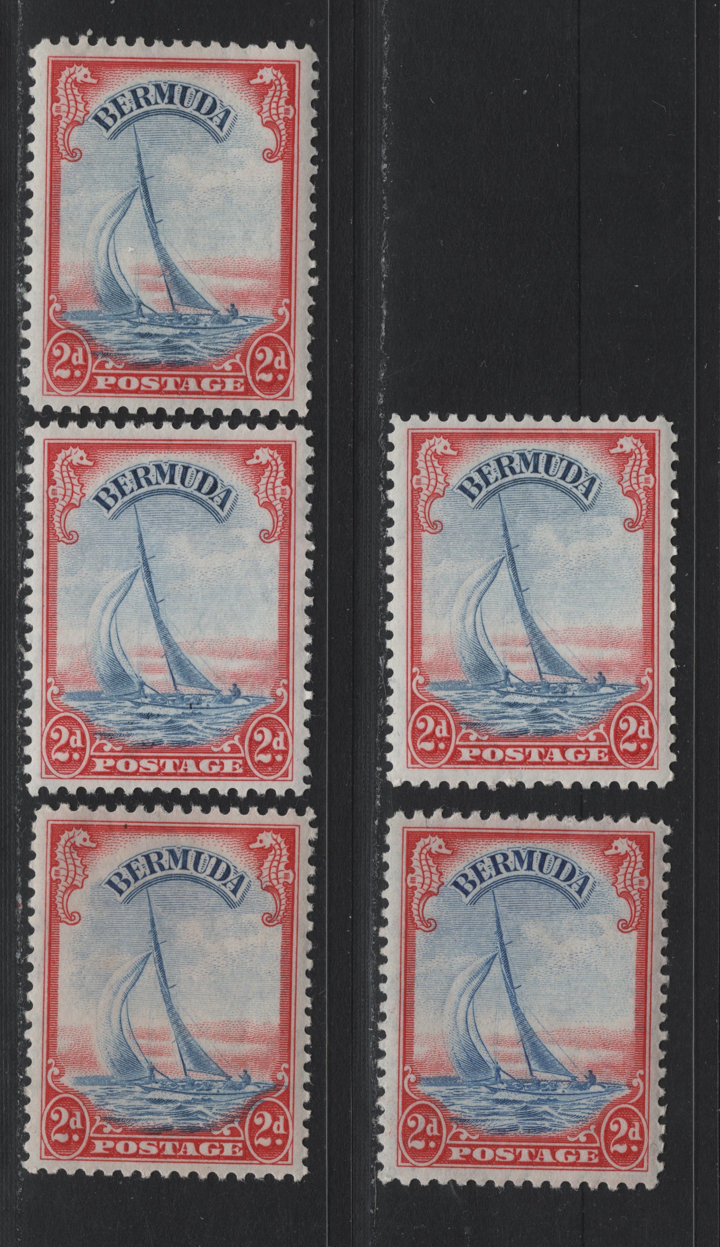 Lot 235 Bermuda SG#112a 2d Scarlet & Ultramarine - Pale Scarlet & Ultramarine , 1936-1952 KGVI Pictorial Issue, 5 VFNH Singles, 1946-48 Line Perf Printings, The Deep Scarlet Is On Different Paper Than The Other 4