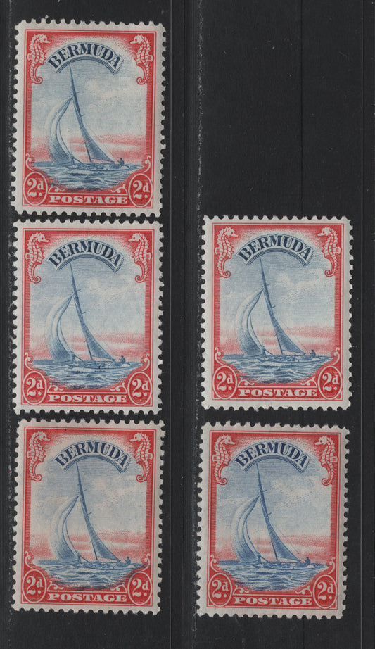 Lot 209 Bermuda SG#112a 2d Scarlet & Ultramarine - Pale Scarlet & Ultramarine , 1936-1952 KGVI Pictorial Issue, 5 VFNH Singles, 1946-48 Line Perf Printings, The Deep Scarlet Is On Different Paper Than The Other 4