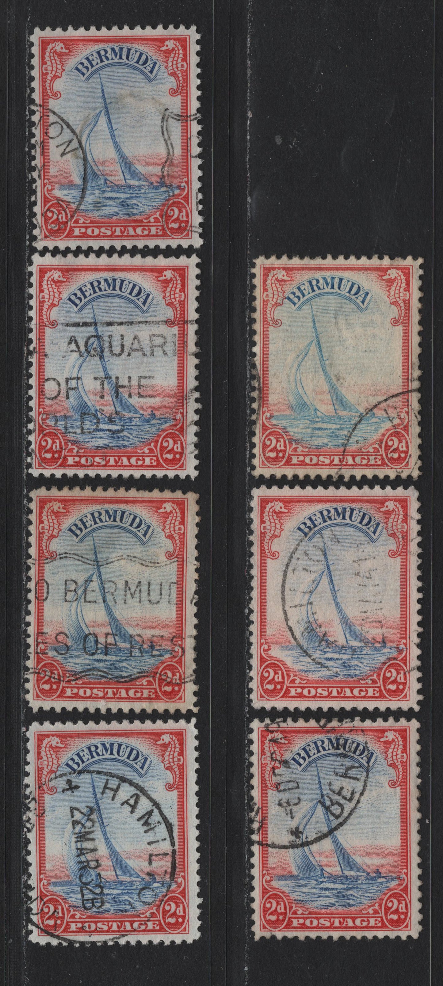 Lot 236 Bermuda (C)SG#112a 2d Scarled-Red & Light Blue - Scarlet & Ultramarine , 1936-1952 KGVI Pictorial Issue, 7 Fine Used Singles, Various Printings, Papers & Perfs