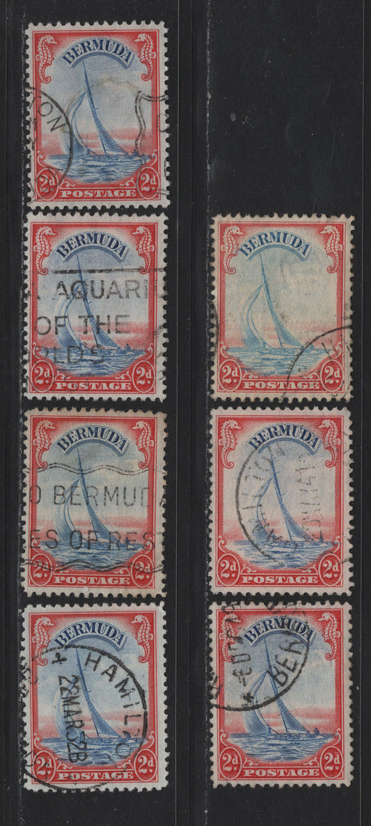 Lot 210 Bermuda (C)SG#112a 2d Scarled-Red & Light Blue - Scarlet & Ultramarine , 1936-1952 KGVI Pictorial Issue, 7 Fine Used Singles, Various Printings, Papers & Perfs