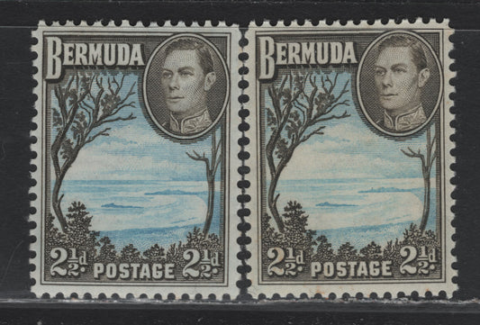Lot 211 Bermuda SG#113c 2.5d Light, Bright Blue & Deep Olive Brown - Light Blue & Deep Olive Brown , 1936-1952 KGVI Pictorial Issue, 2 VFOG Singles, 1950-51 Comb Perf Printings, Translucent Paper With Barely Visible/Visible Wmks