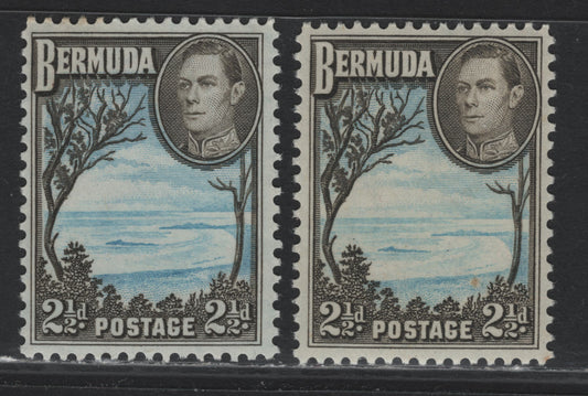 Lot 212 Bermuda SG#113c 2.5d Light, Bright Blue & Deep Olive Sepia - Light Bright Blue & Deep Olive Brown , 1936-1952 KGVI Pictorial Issue, 2 VFNH Singles, 1952 Comb Perf Printing, Cross-hatched Mesh Paper With Barely Visible Wmk