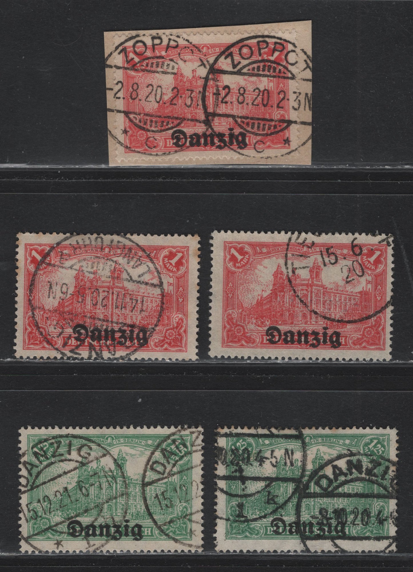 Lot 253 Danzig SC#8-9 (Michel# 8, 9a) 1m - 1.25m Red - Green , 1920 Overprinted Danzig Germania Issue, 5 Fine/Very Fine Used Singles, Various CTO & Postal Cancels, I Believe The 1m Stamps Are All CTO, But The 1.25m Are Postal