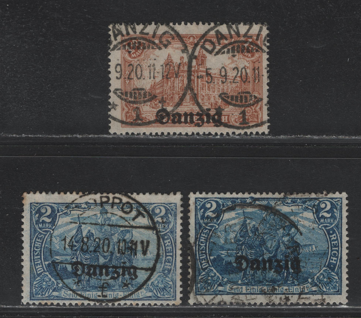 Lot 254 Danzig Michel#10-11 (Michel# 10. 11a-b) 1.5m - 2m Yellow Brown - Dark Cobalt Blue , 1920 Overprinted Danzig Germania Issue, 3 Fine Used Singles, Postall Used Except The 2m Deep Cobalt, Which Is A CTO Zoppot CDS