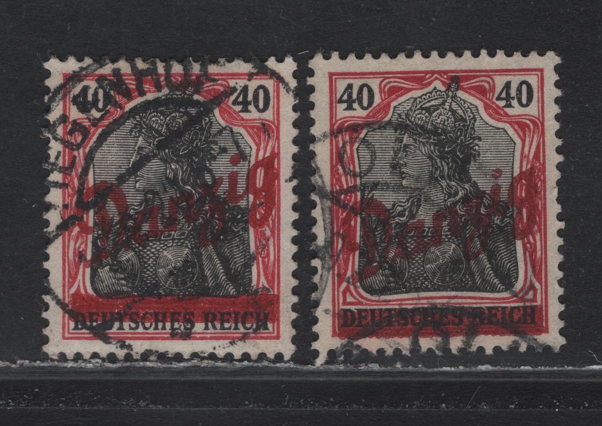 Lot 261 Danzig Michel#38a-b (SC# 42) 40pf Dark Lilac Red & Black - Dark Carmine Red & Black , 1920 Diagonal Danzig Overprinted Germania Issue, 2 Very Fine Used Singles, CTO Cancels