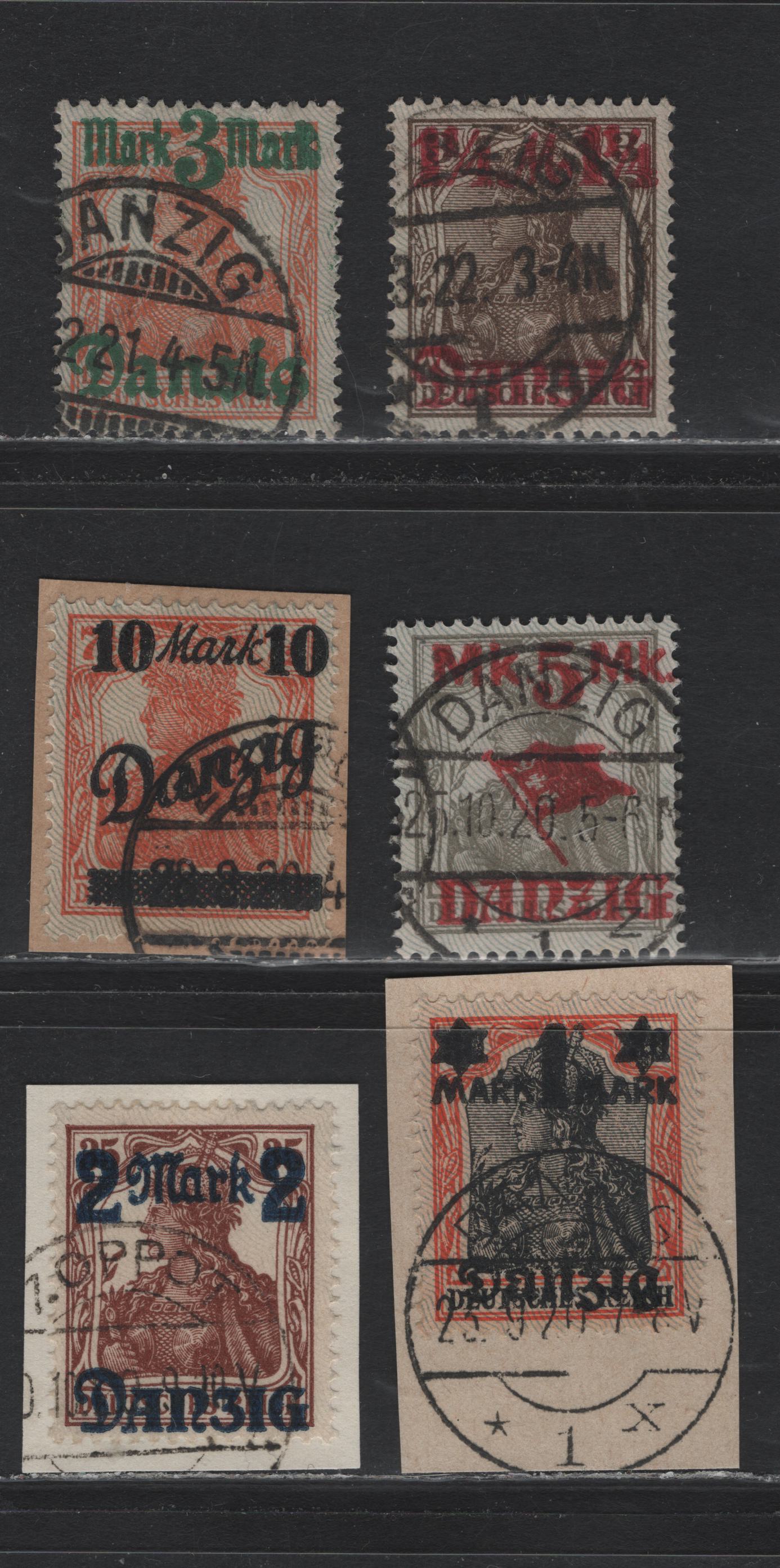 Lot 262 Danzig SC#25-30 (Michel# 26I-31I) 1m on 30pf - 10m on 1/2p Orange & Black - Orange , 1920 Surcharged Germania Issue, 6 Very Fine Used Singles, Gray Burlage Having Points Up, All CTO Except The 1.25m Which Is Postal