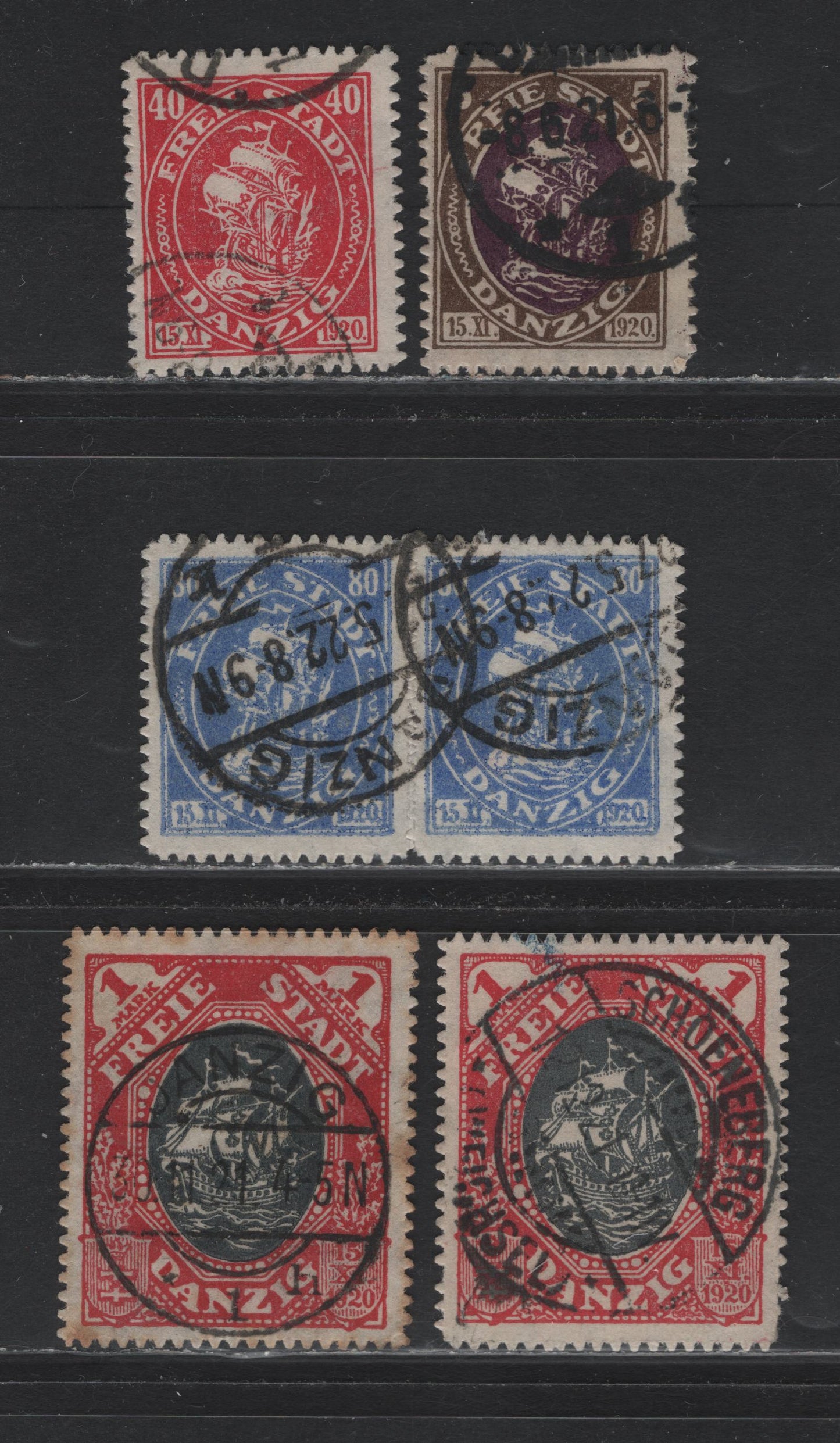 Lot 271 Danzig SC#49, 52-54 (Michel# 53, 56-58) 5pf - 1m Brown & Violet - Carmine Rose & Black , 1921 Hanseatic Trading Ship Definitive, 5 Fine/Very Fine Used Singles, Serrate Roulette 13.5, CTO Cancels On All Except One Of The 1m & 80pf Pair (Postals)