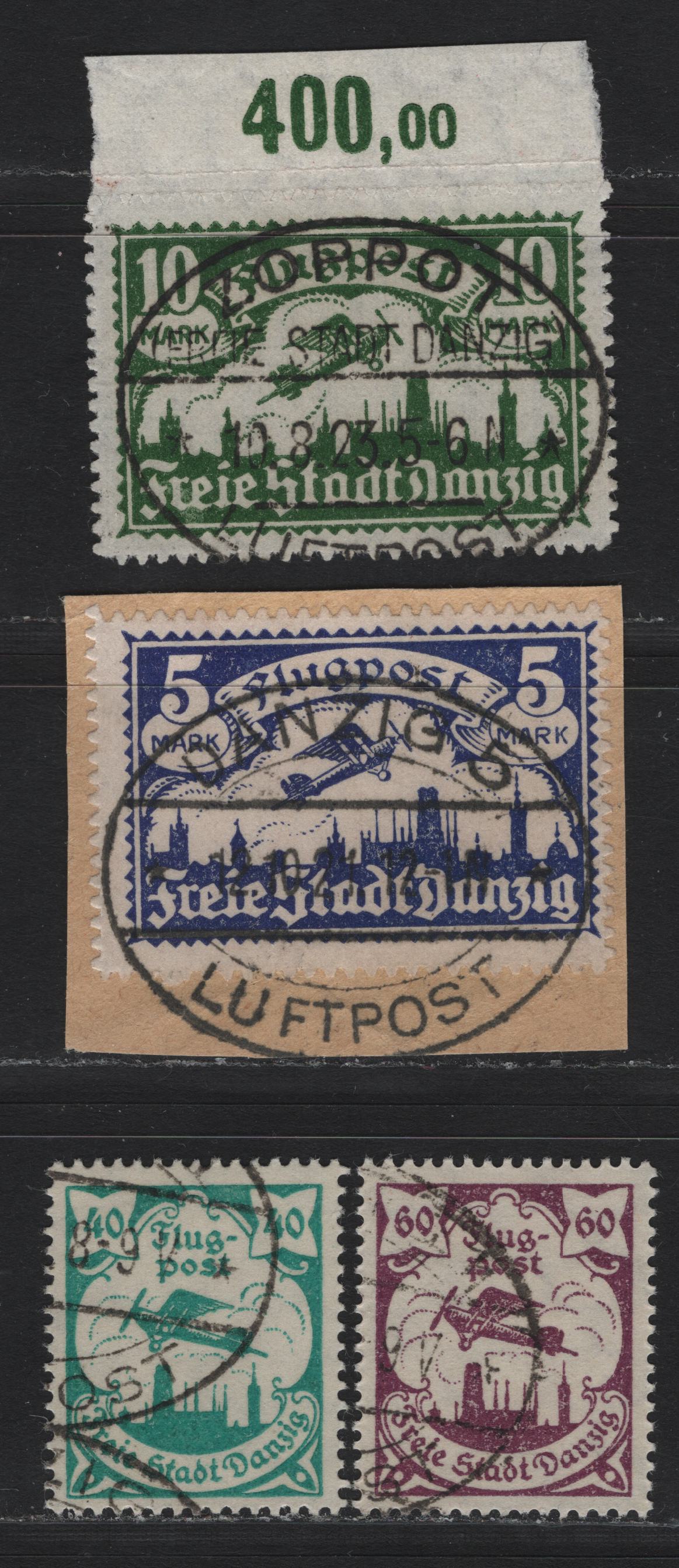 Lot 276 Danzig SC#C8-C11 (Michel #70x, 71x, 112-113) 5m Violet Blue - 60pf Dark Violet, 1921-1922 Airmail Issue, Wmk Honeycomb (5m-10m) & Webbing (40pf-60pf)