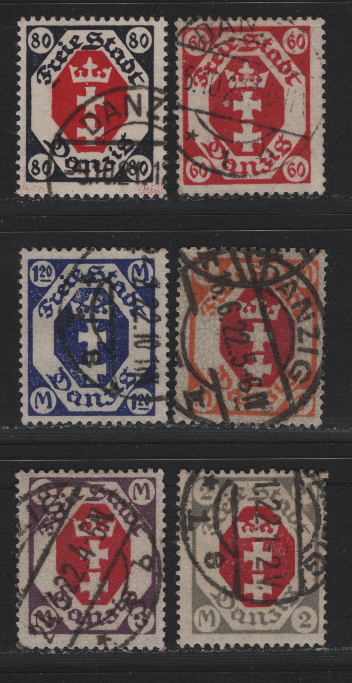 Lot 279 Danzig SC#71-76 (Michel# 81a, 82-86) 60pf - 3m Lilac Red - Violet & Carmine , 1921-1922 Arms Issue, 6 Fine Used Singles, All Posted Cancels Except 80pf, Which Is CTO