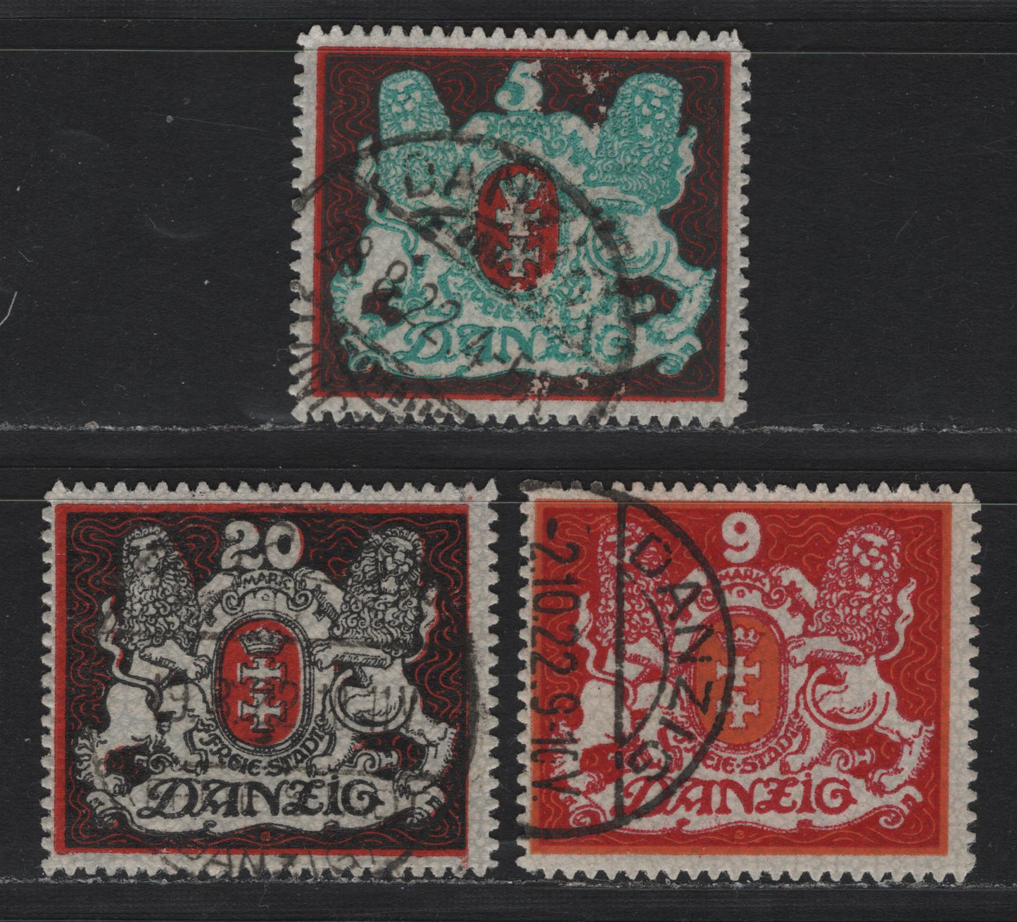 Lot 280 Danzig SC#77, 78, 80b (Michel# 87x, 99x, 89y) 5m - 20m Sea Green, Red & Black - Red & Black , 1921-1922 Arms Issue, 3 Fine/Very Fine Used Singles, Honeycomb Upright (5m & 9m) & Sideways (20m) Wmk, CTO Cancels