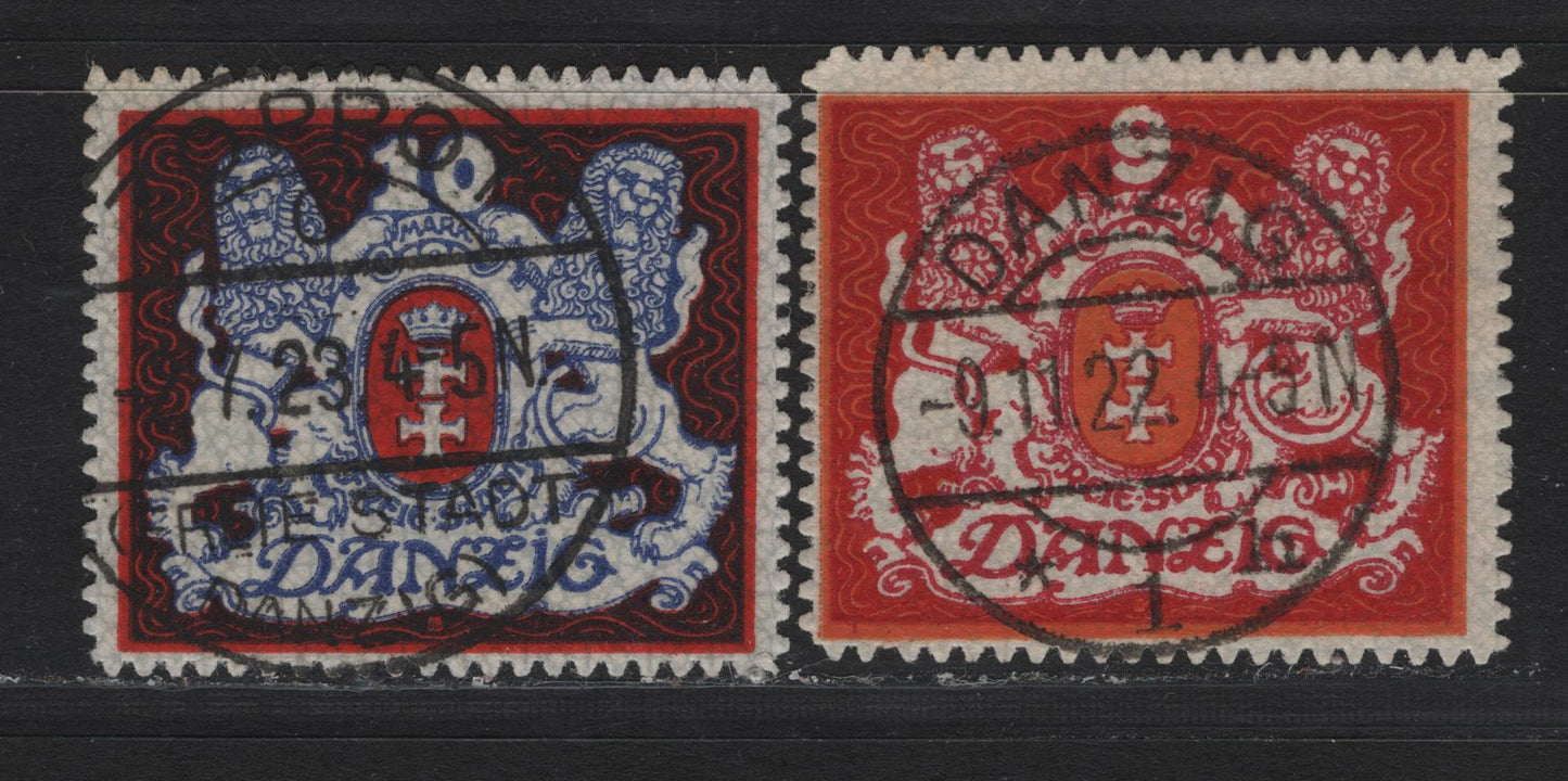 Lot 281 Danzig SC#78b, 79 (Michel# 88x, 99y) 9m - 10m Rose , Red & Orange - Ultramarine, Red & Black , 1921-1922 Arms Issue, 2 Fine/Very Fine Used Singles, Upright (10m) & Sideways (9m) Honeycomb Wmks