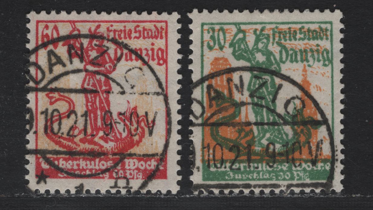Lot 282 Danzig SC#B1-B2 (Michel# 90-91) 30pf+30pf - 60pf+60pf Green & Orange - Rose & Orange , 1921 Semi Postal Issue, 2 Fine/Very Fine Used Singles, Posted Cancels Dated October 20 or 30 1921 (Set Was Issued October 18th)